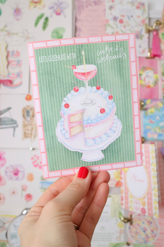Let's celebrate with cake and cocktails birthday card