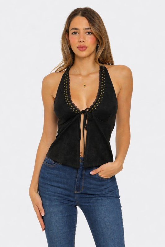 Tie Front Suede Halter Top