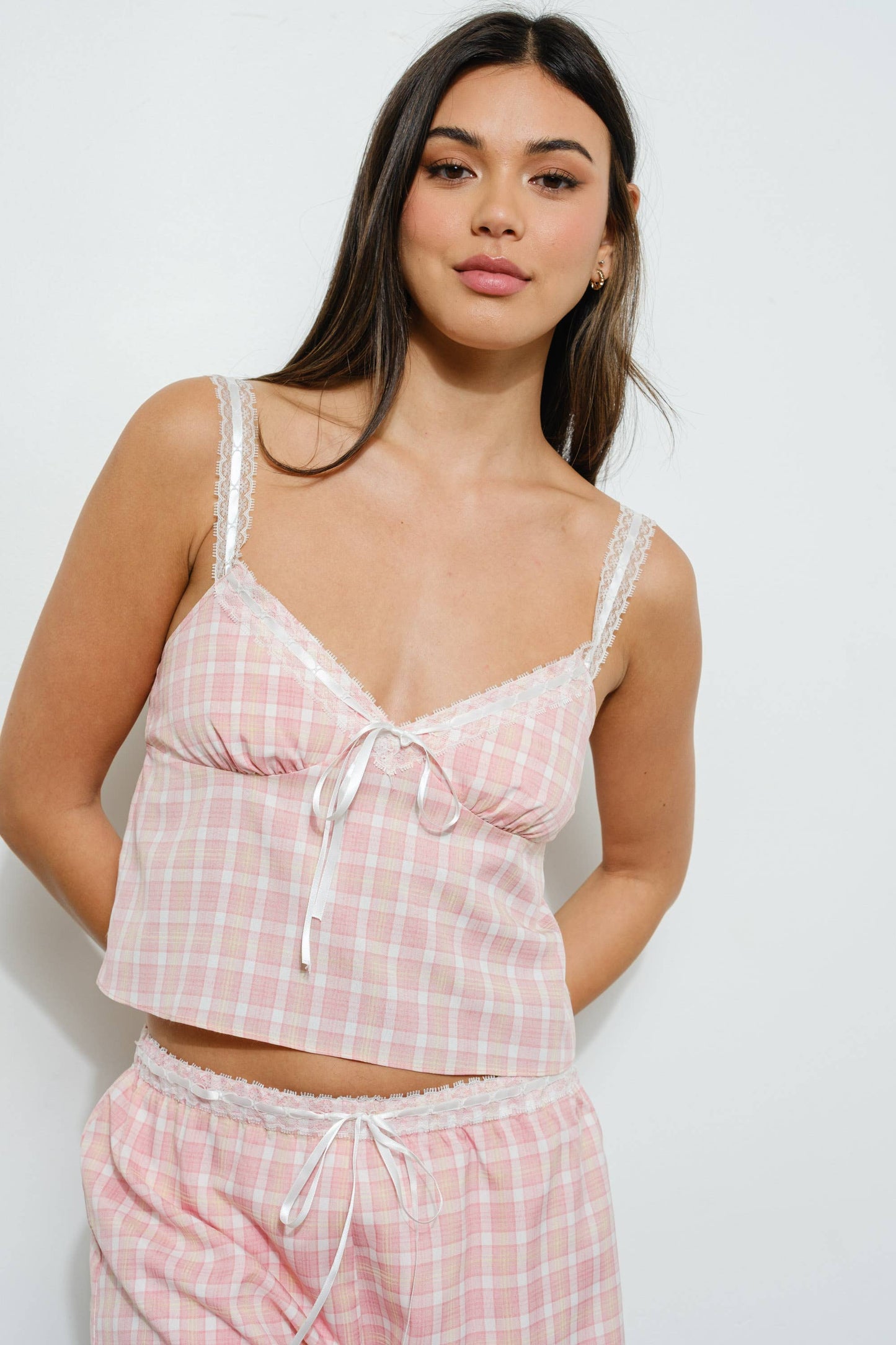 Pink Lace Trim Plaid Cami