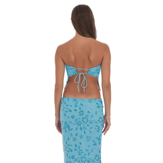 Strapless Beaded Floral Top in Aqua Blue