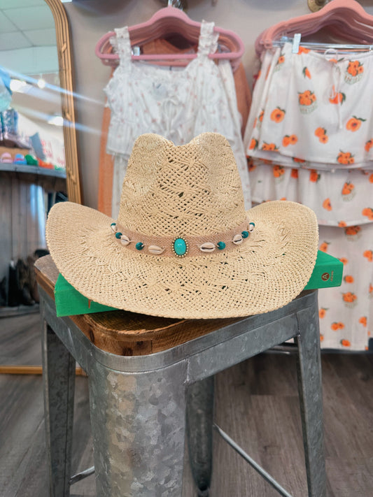 Blue Shell Woven Straw Western Hat