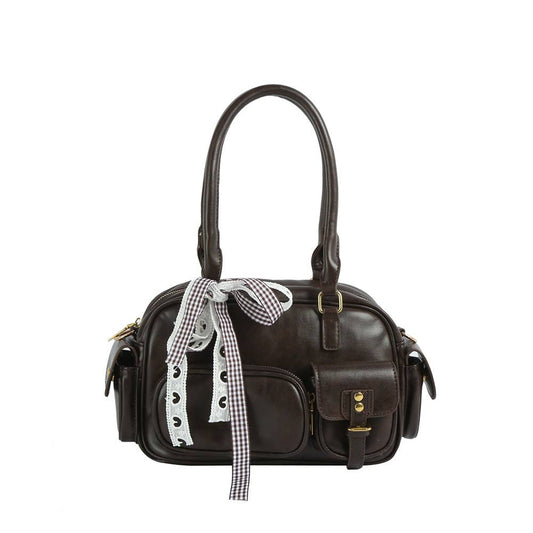 Multi Pocket Faux Leather Hand Bag With Ribbon Bow Charm