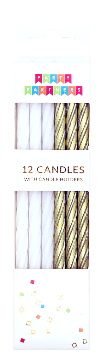 Gold Metallic & White Spiral 12 Candle Set