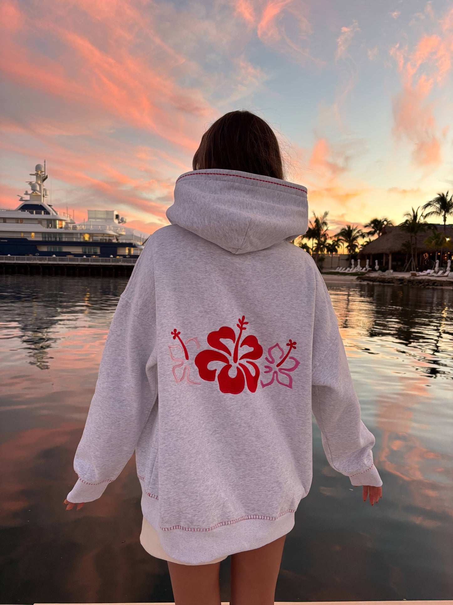 Pearl Grey Hibiscus Flowers Hoodie