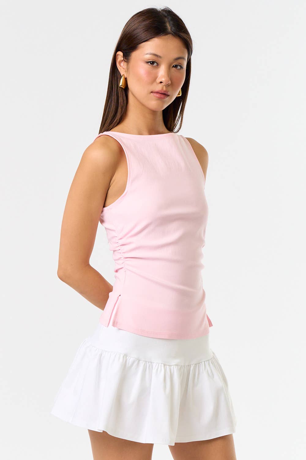 Knit Boatneck Tank with Side Ruched Detailing