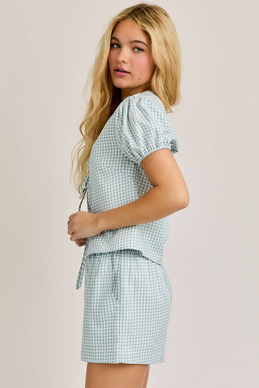 Blue Puff Sleeve Front Tie Top