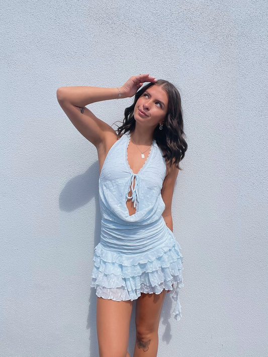 Floral Lace Ruffle Open Back