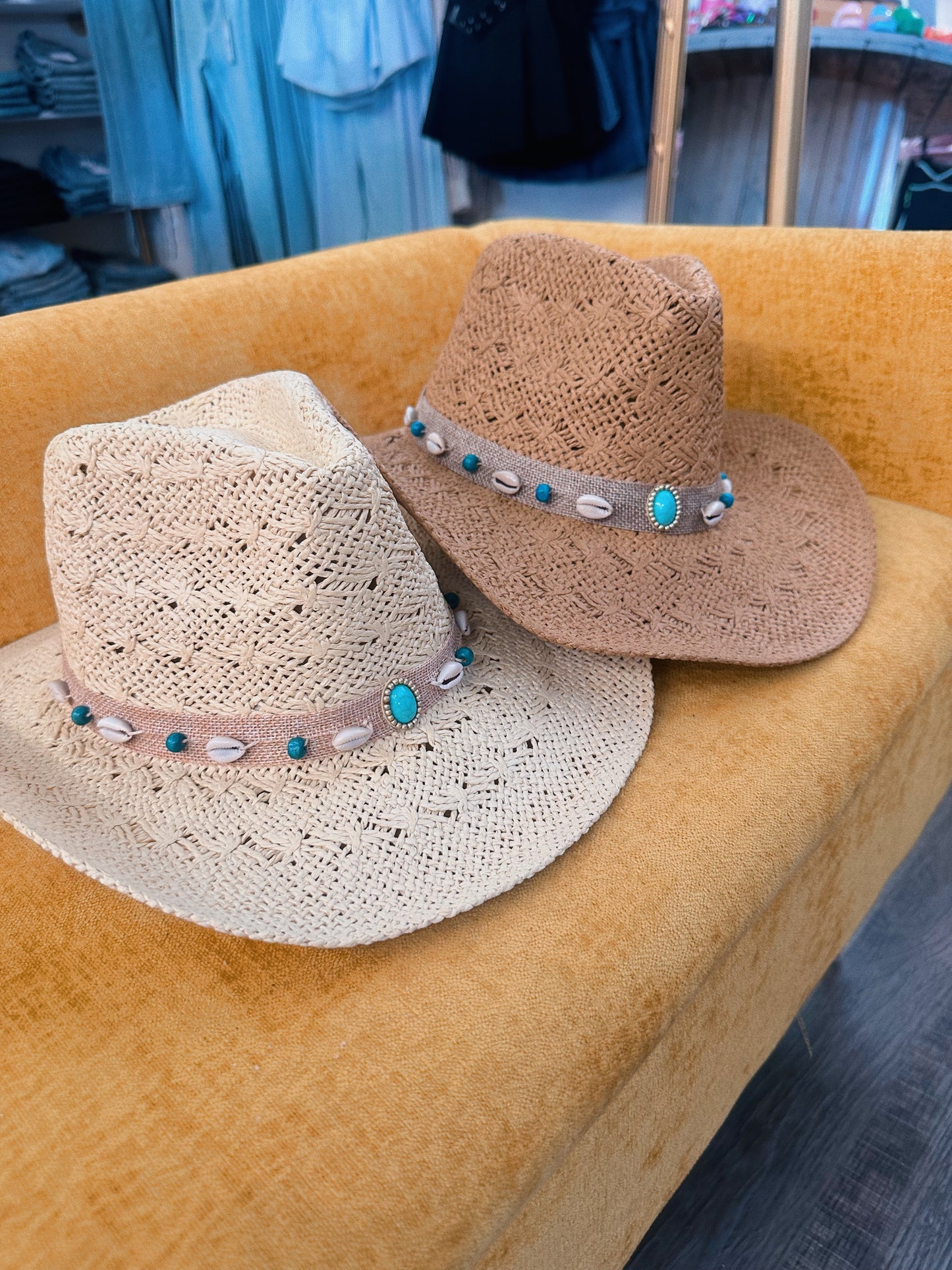 Blue Shell Woven Straw Western Hat