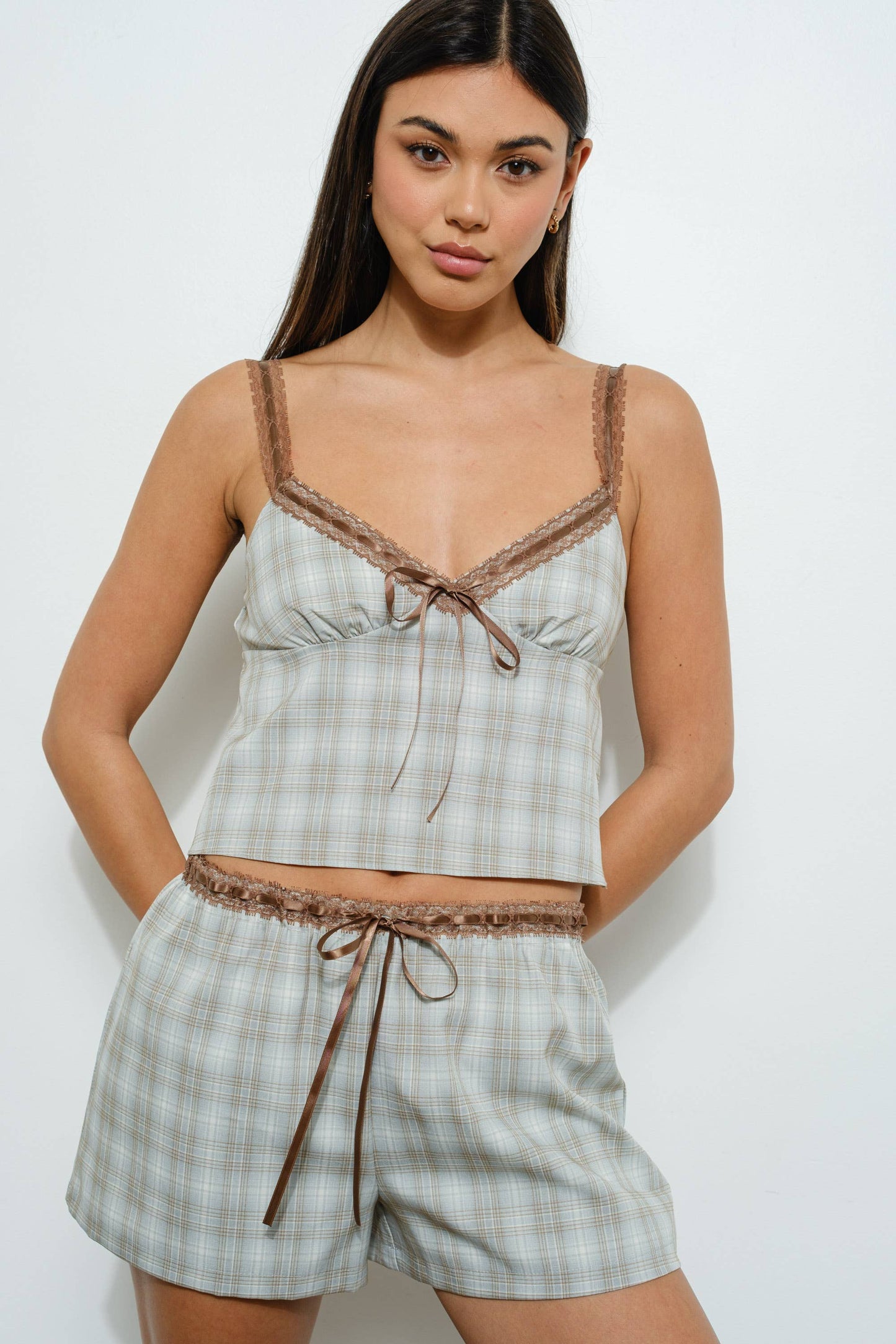 Lace Dusty Blue Trim Plaid Cami