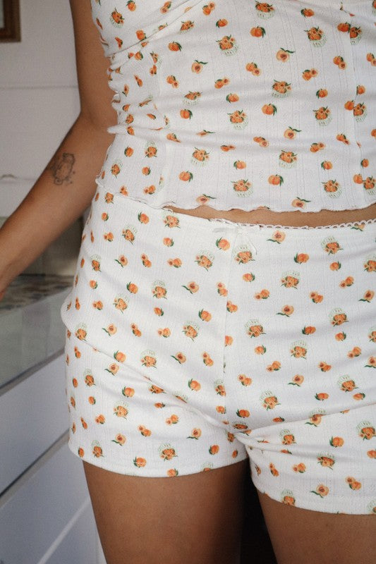 Peach Print Stretch Lace Mini Shorts