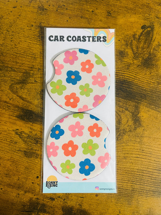 2 Car Coasters, Groovy Colorful Daisy