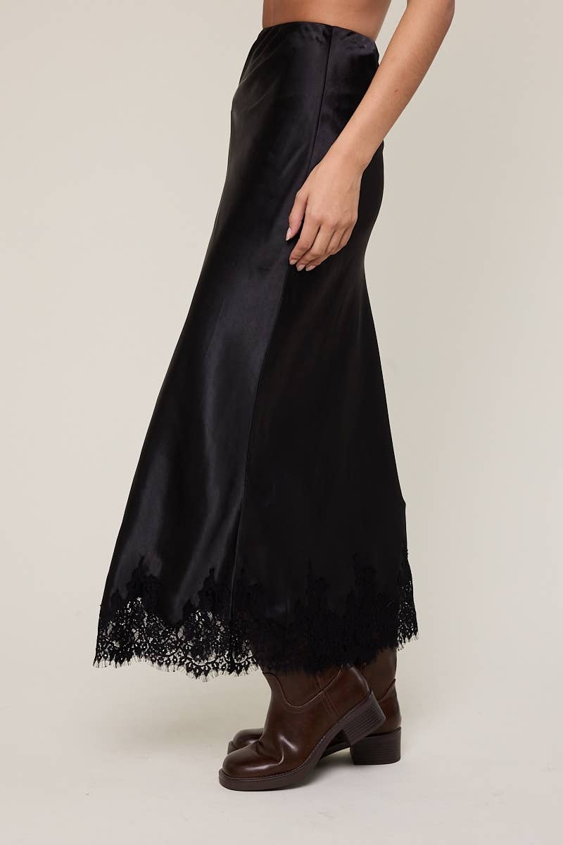 Satin Mono Tone Elastic Waist Lace Midi Skirt