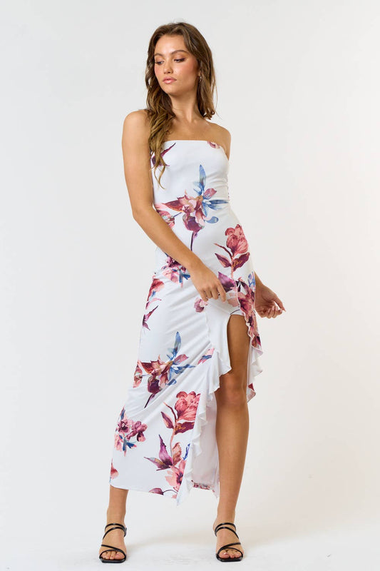 Floral Print Asymmetrical Ruffle Tube Dress