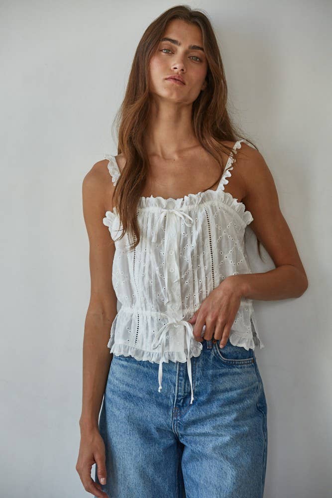 Woven Eyelet Button Down Square Neck Top