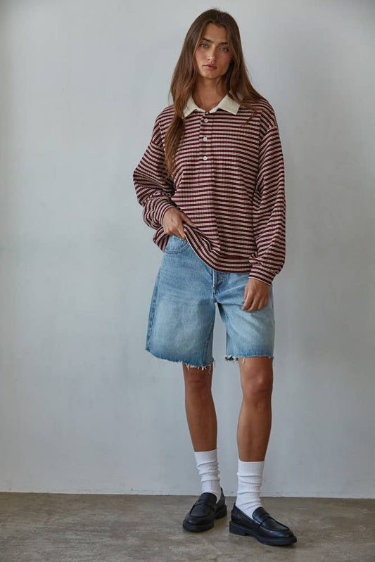 Knit Ribbed Striped Half Button Up Collared Pullover