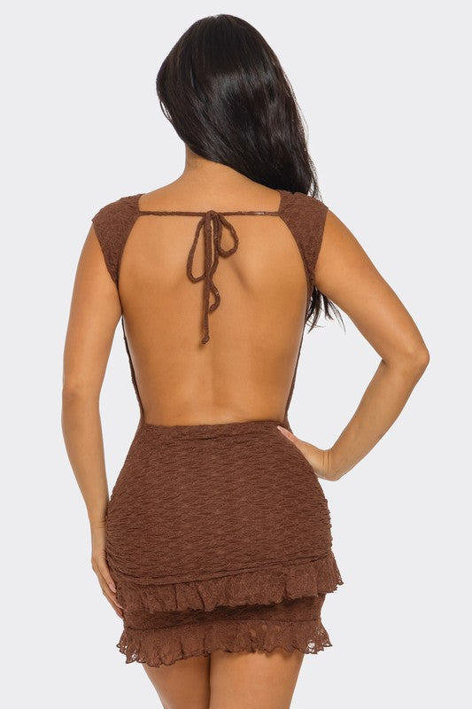 Open Back Lace Ruffle Mini Dress