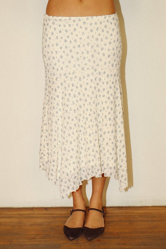 Dainty Floral Mesh Lace Asymmetric Hem Midi Skirt