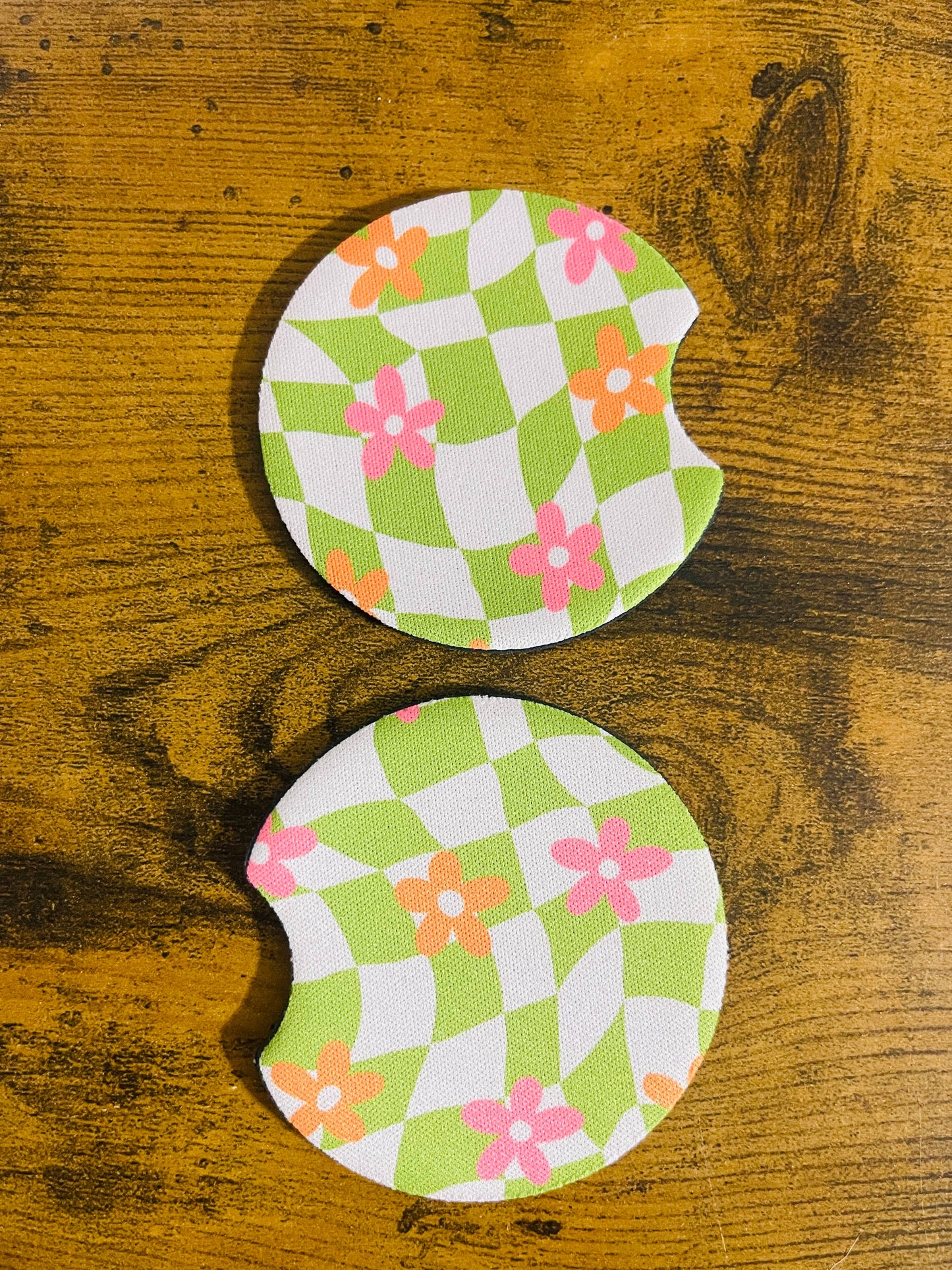 2 Car Coasters, Groovy Green Pink Daisy