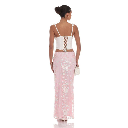 Sequin Floral Mesh Maxi Skirt in Pink