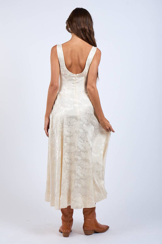 Satin Foral U-Shape Boat Neck Flare Midi Dress