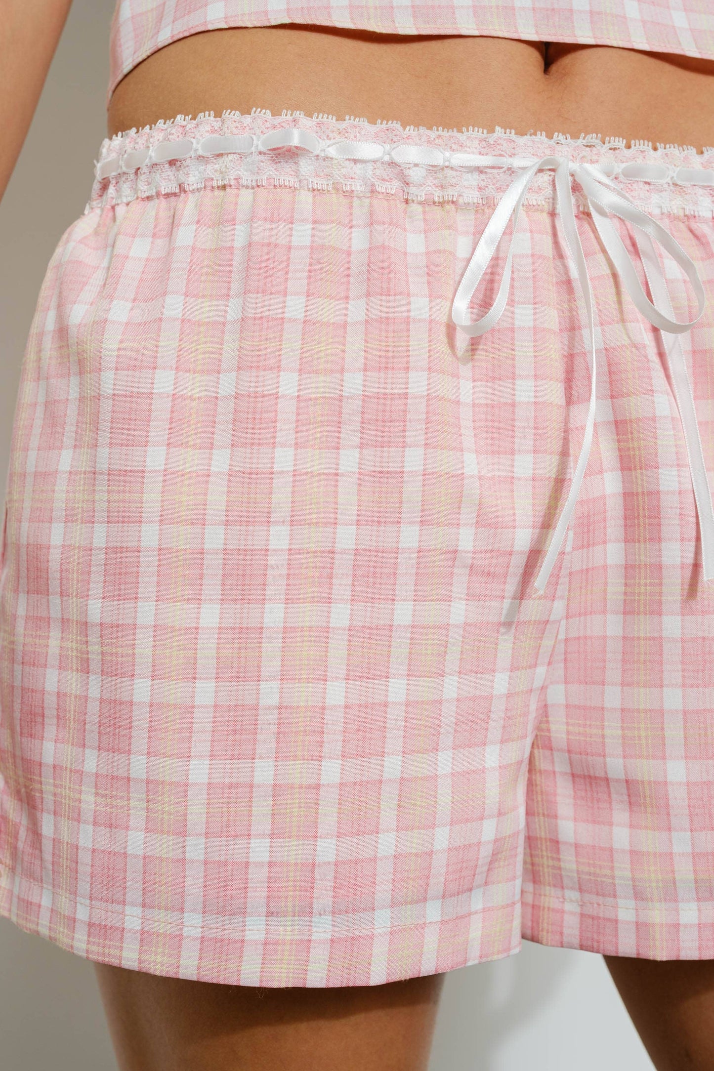 Pink Lace Trim Plaid Shorts