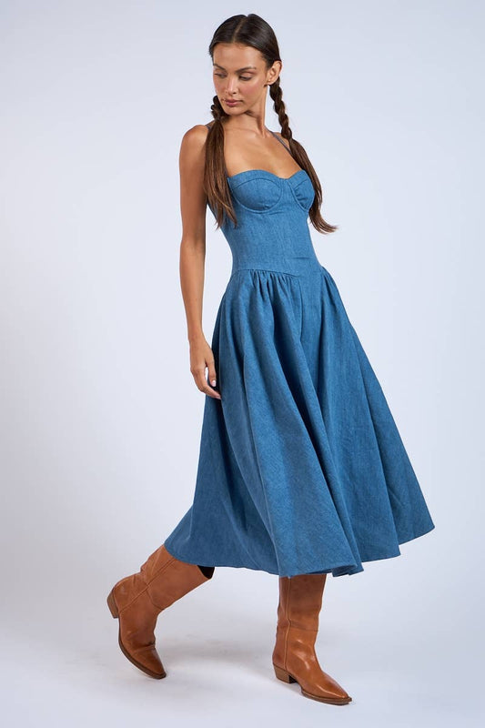 Denim Fit & Flare Midi Dress