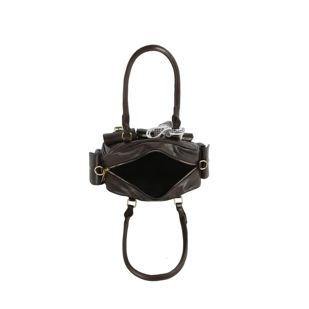 Multi Pocket Faux Leather Hand Bag With Ribbon Bow Charm