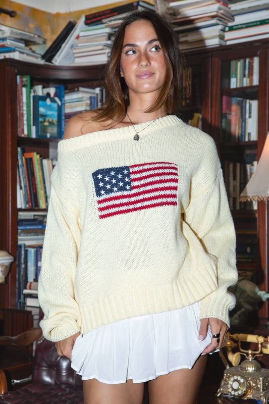 American Flag Knit Off The Shoulder Sweater
