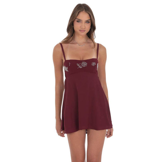 Beaded Floral Babydoll Dress in Burgundy