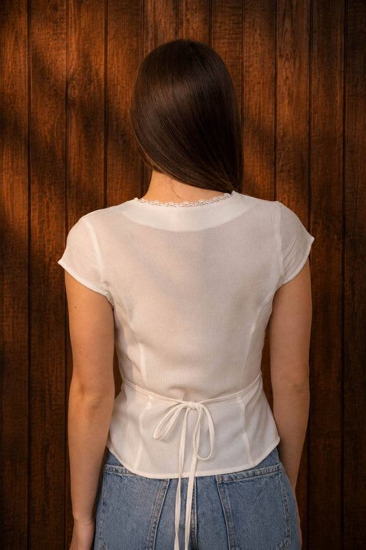 V NECK LACE TRIM BUTTON DOWN BLOUSE