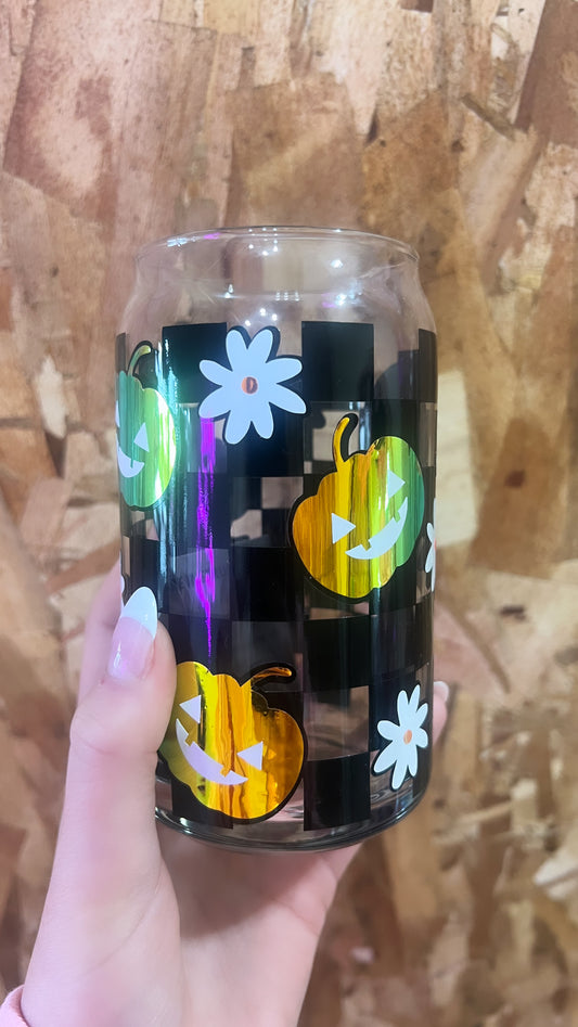 Checkered Pumpkin Can Glass Cup