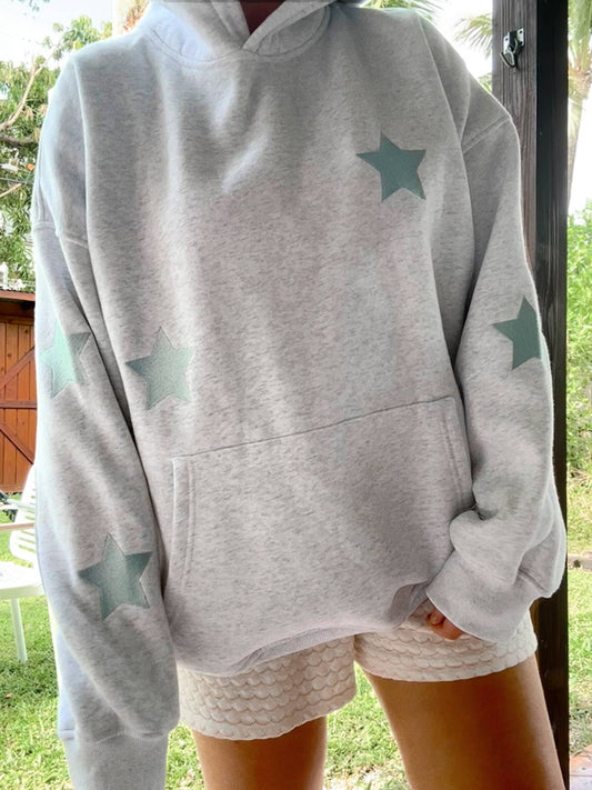 Grey Simple Embroider Star Hoodie
