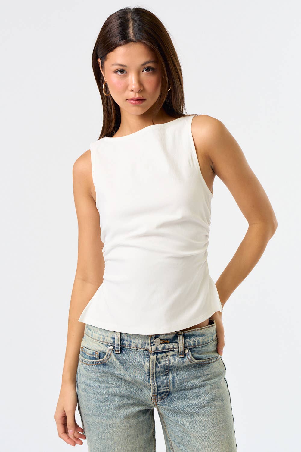 Knit Boatneck Tank with Side Ruched Detailing