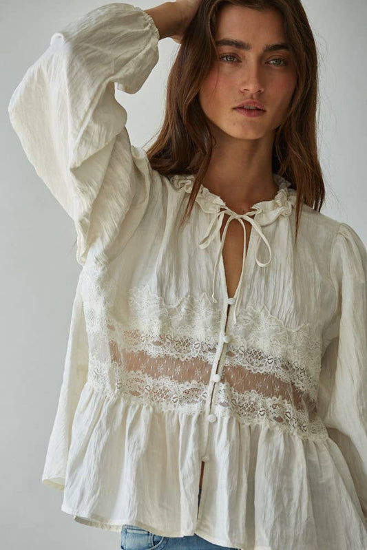 Woven Polyester Nylon Sheer Lace Detail Blouse