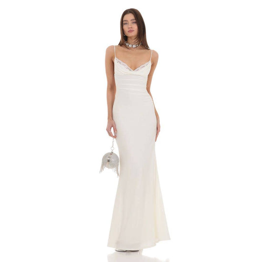 Cowl Neck Mermaid Maxi Dress in White