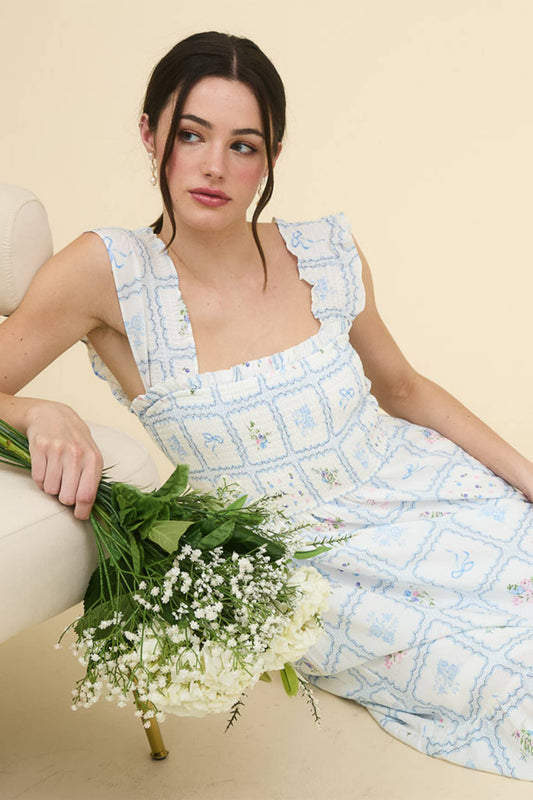 Blue Floral Square Neckline Dress