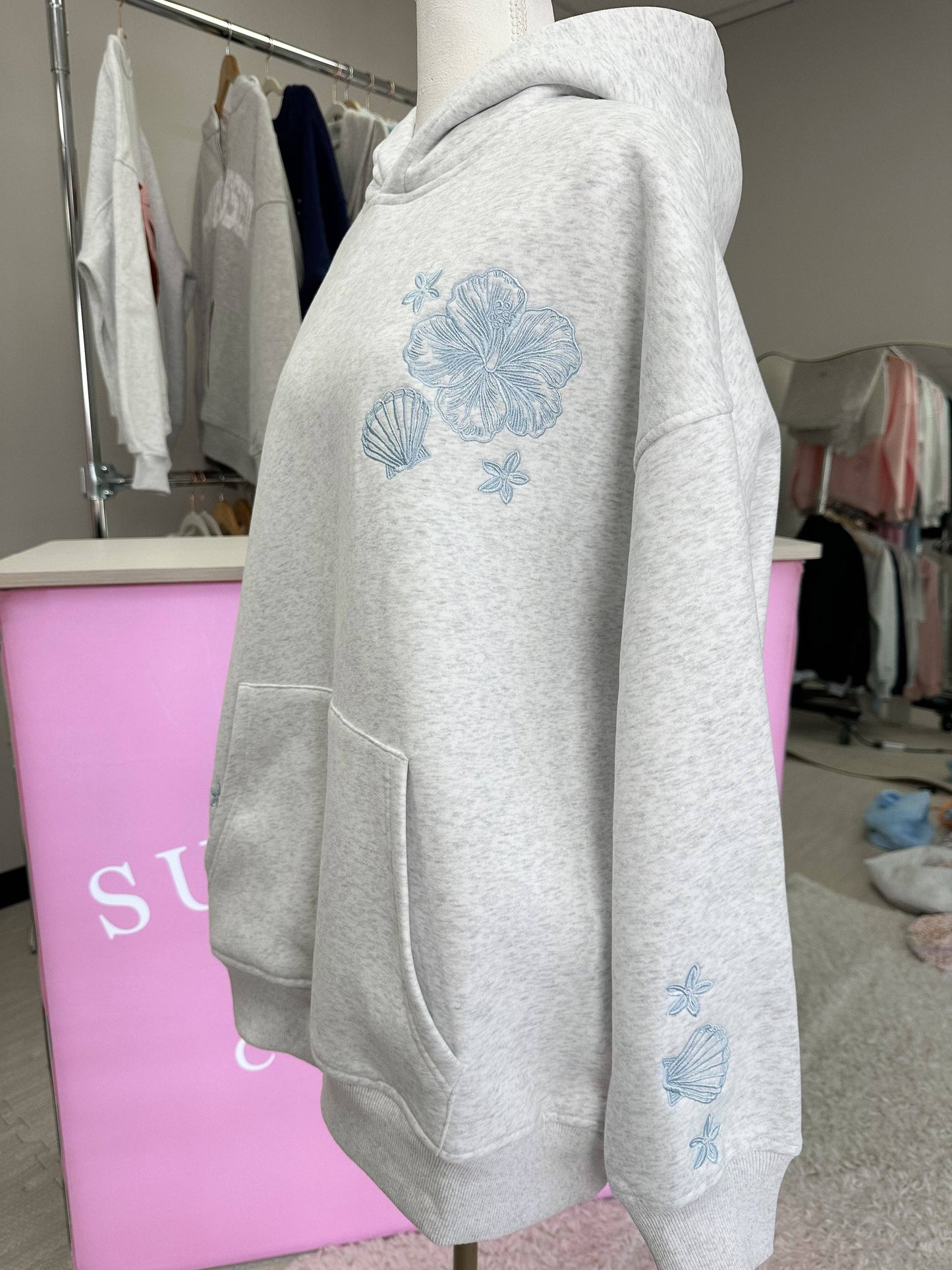 Pearl Grey Tropical Embroider Hoodie