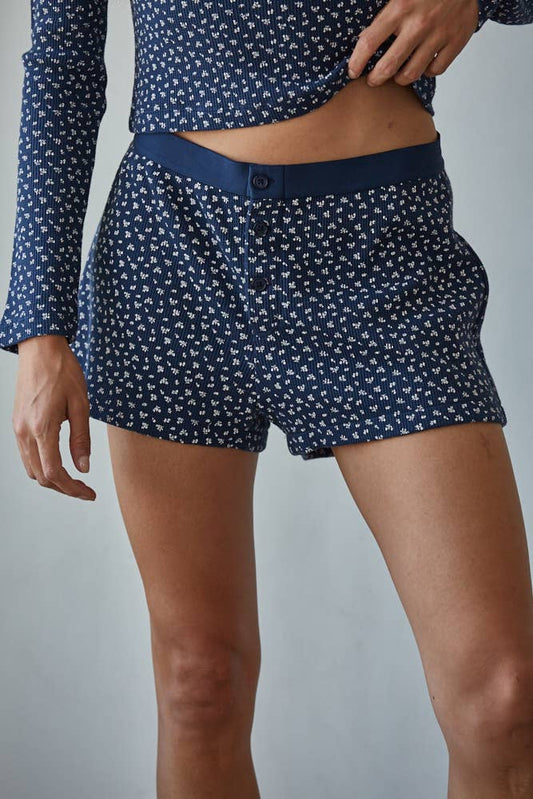Navy Floral Print Waffle Shorts