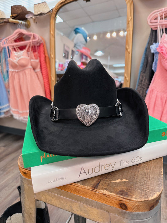 Black Cowgirl Hat with Silver Heart