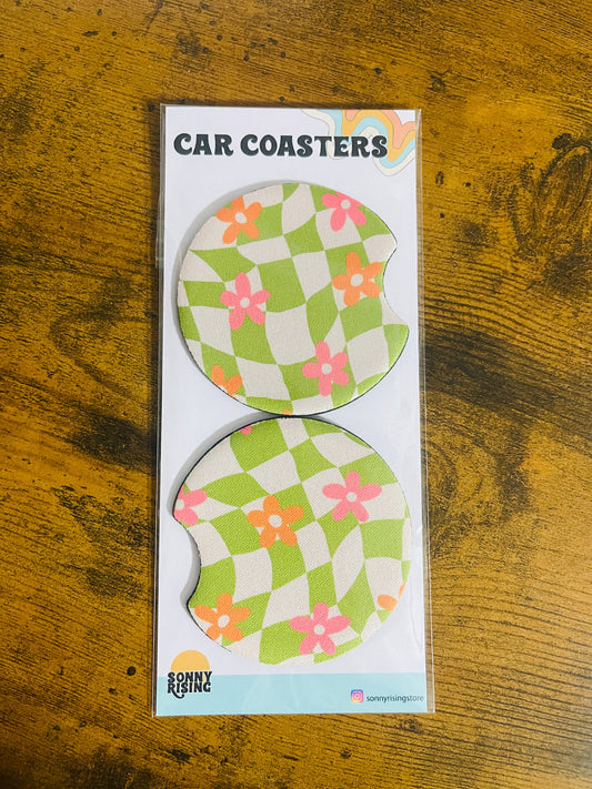 2 Car Coasters, Groovy Green Pink Daisy