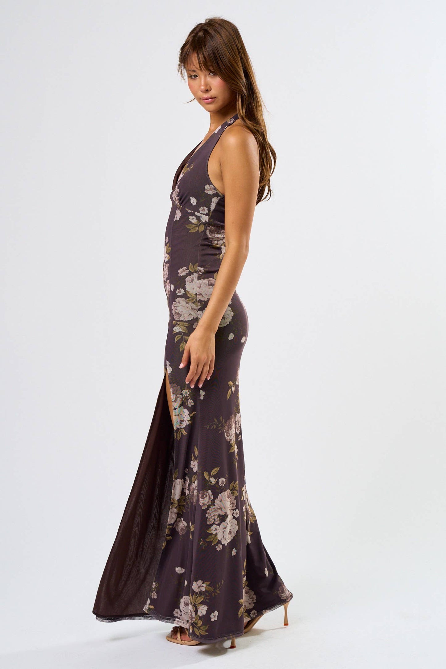 Brown Halter Neck Maxi with Slit Dress