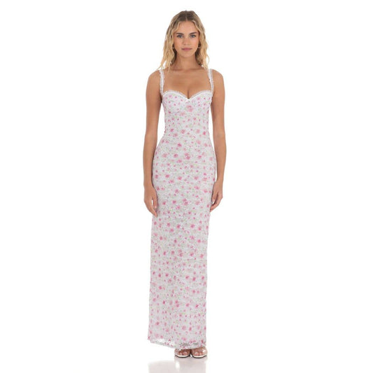 Lace Floral Maxi Dress in White