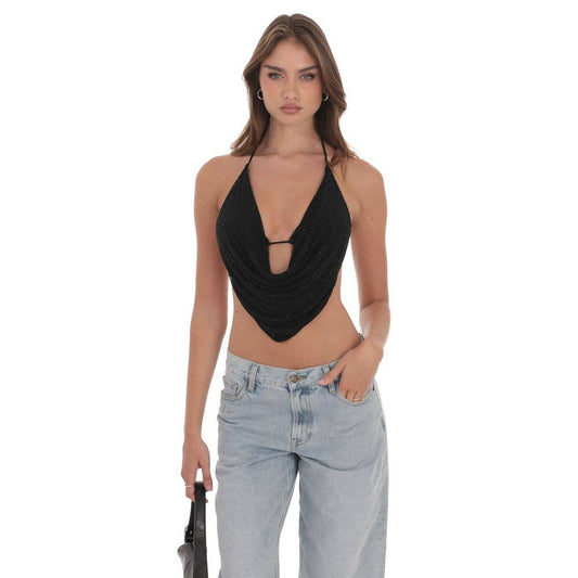 Draped Rhinestone Top in Black