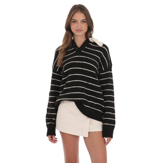 Striped Knit Rugby Jumper in Black