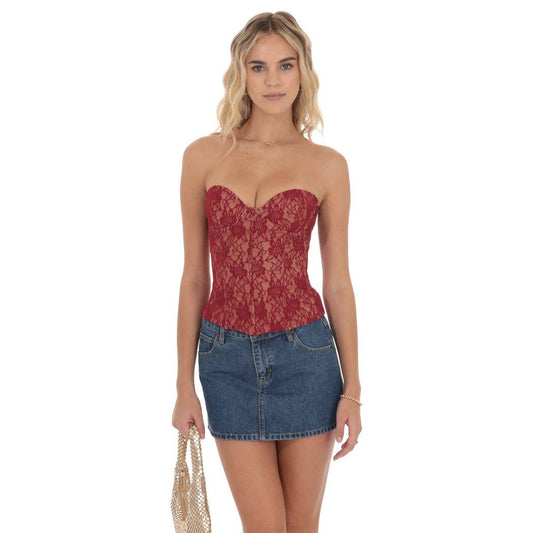Strapless Lace Corset Top in Red and Tan