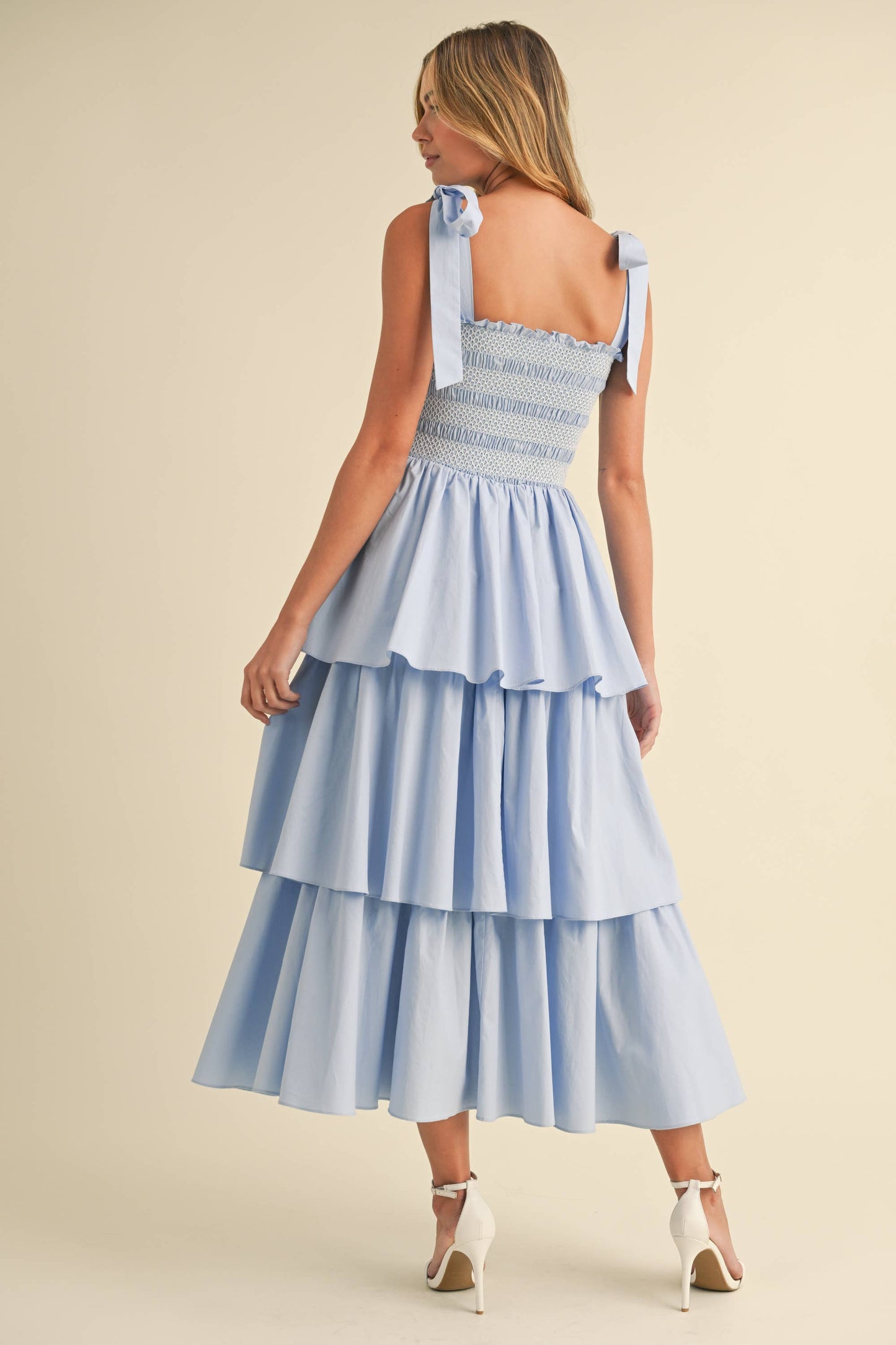 Poplin Tie Strap Tiered Midi Dress