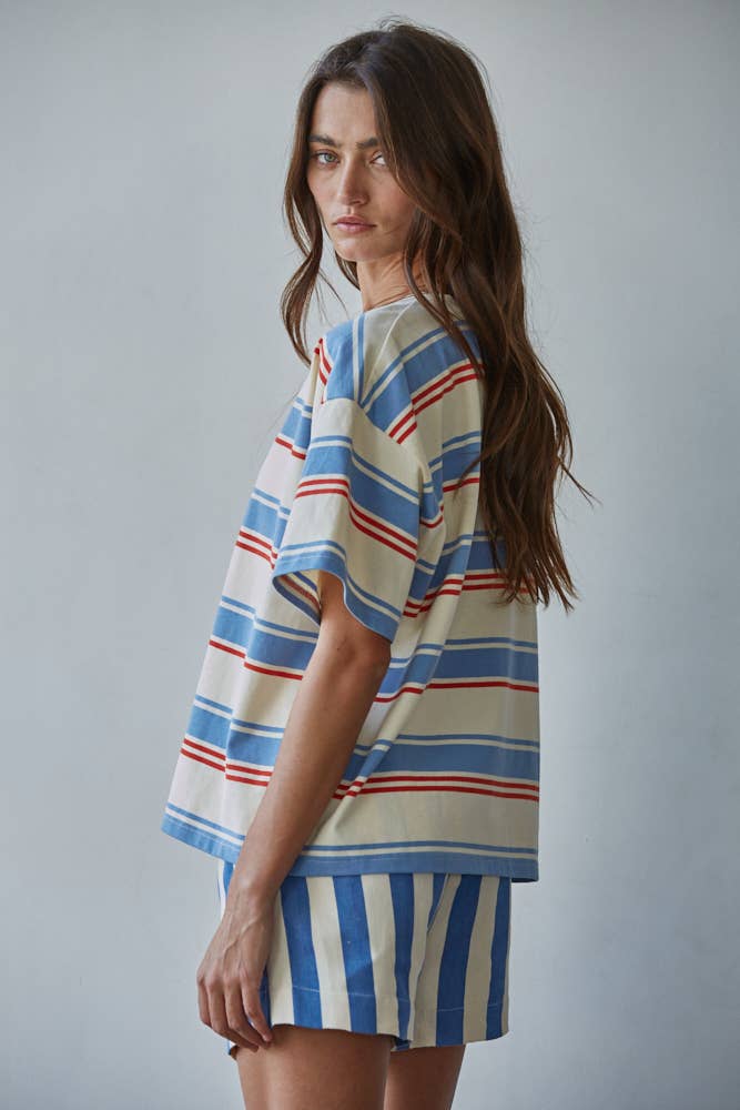 Cotton Multi Striped Short Sleeve Top