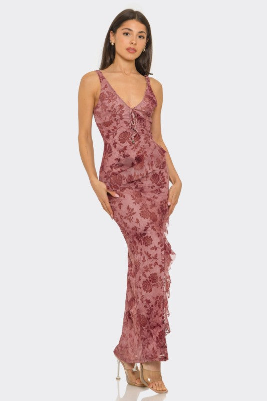 Ruffle Trim Slit Front Maxi Dress