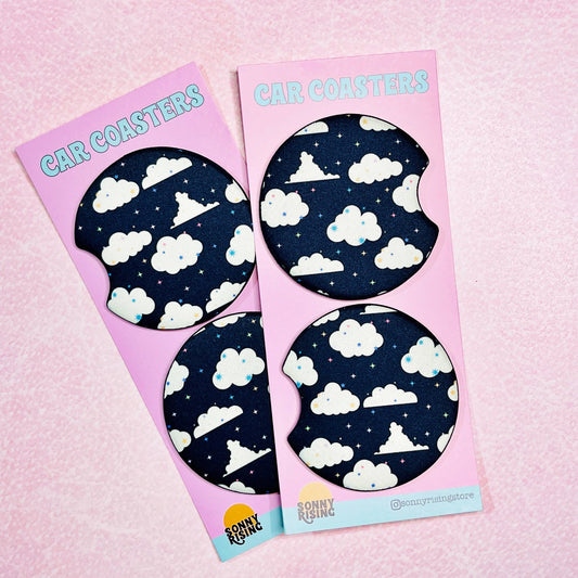 2 Car Coasters, Black Sky Colorful Stars Pattern