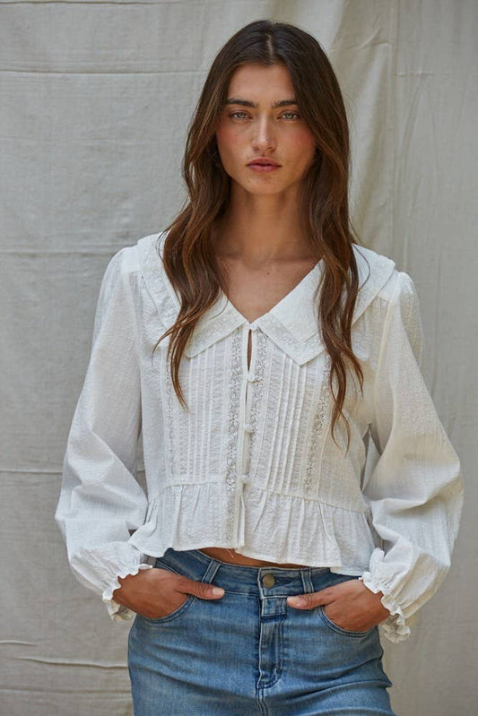 Woven Cotton Collar V-Neck Long Sleeve Blouse